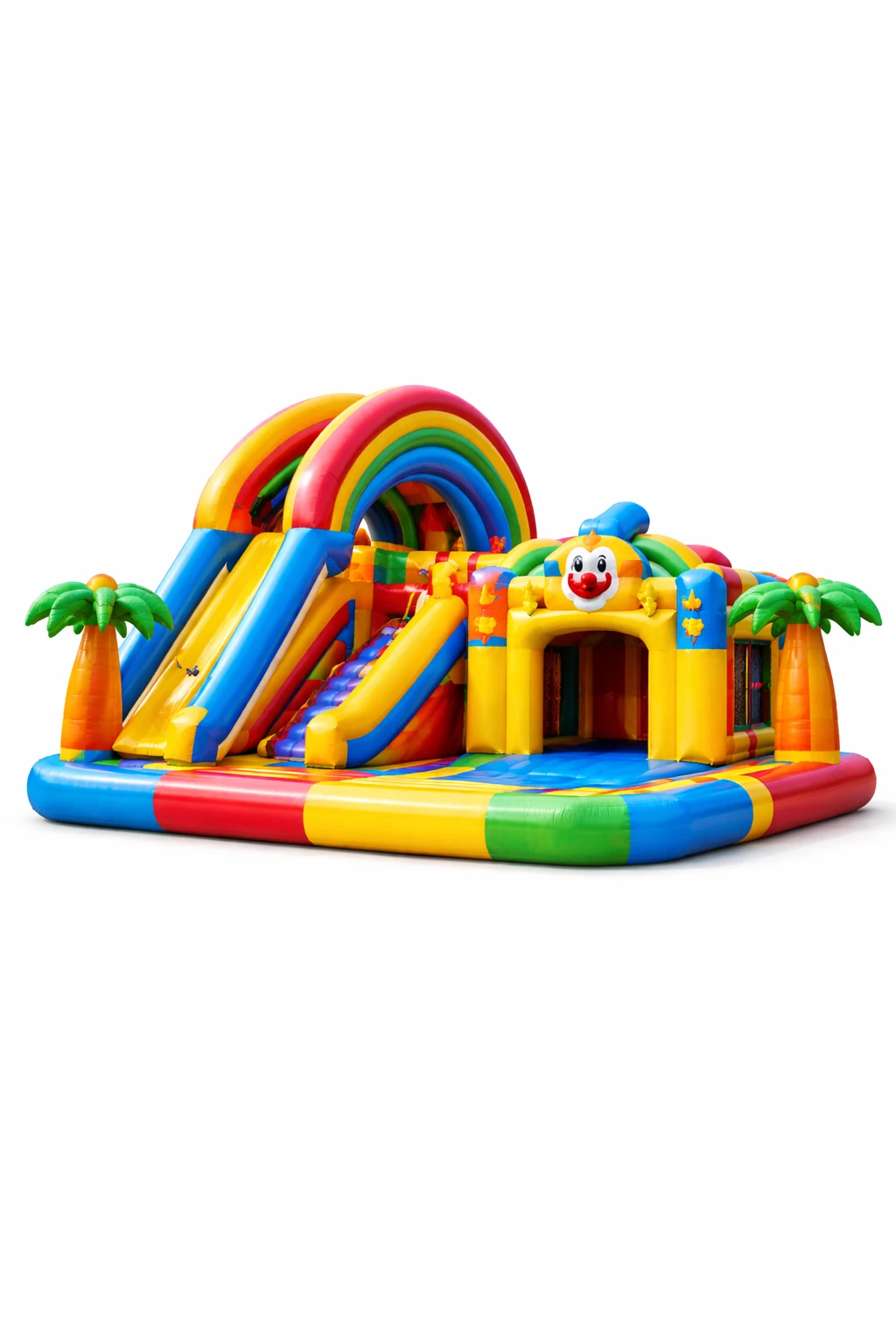 Château gonflable coloré avec toboggan installé pour un événement en plein air